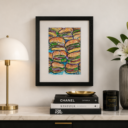 Drawing Oil Pastel on Paper "Infinity Burger"  Framed