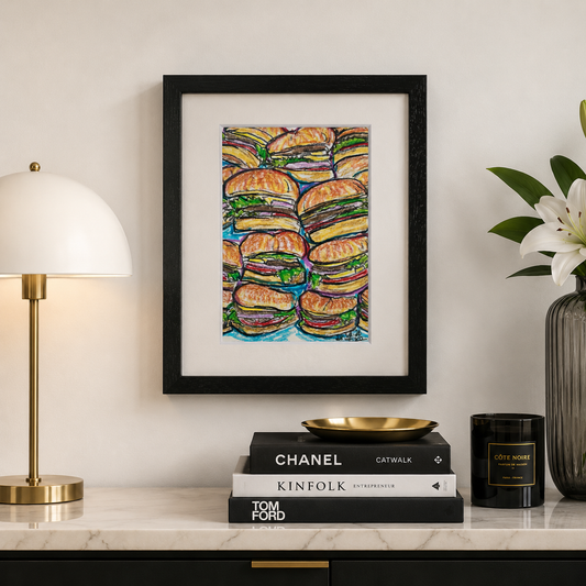 Drawing Oil Pastel on Paper "Infinity Burger"  Framed