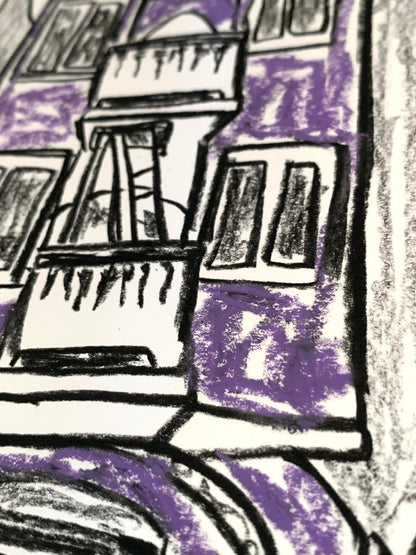 Drawing Artwork "Purple Street Snap" Pencil and Oil Pastel