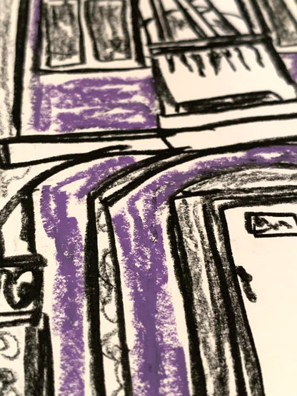 Drawing Artwork "Purple Street Snap" Pencil and Oil Pastel