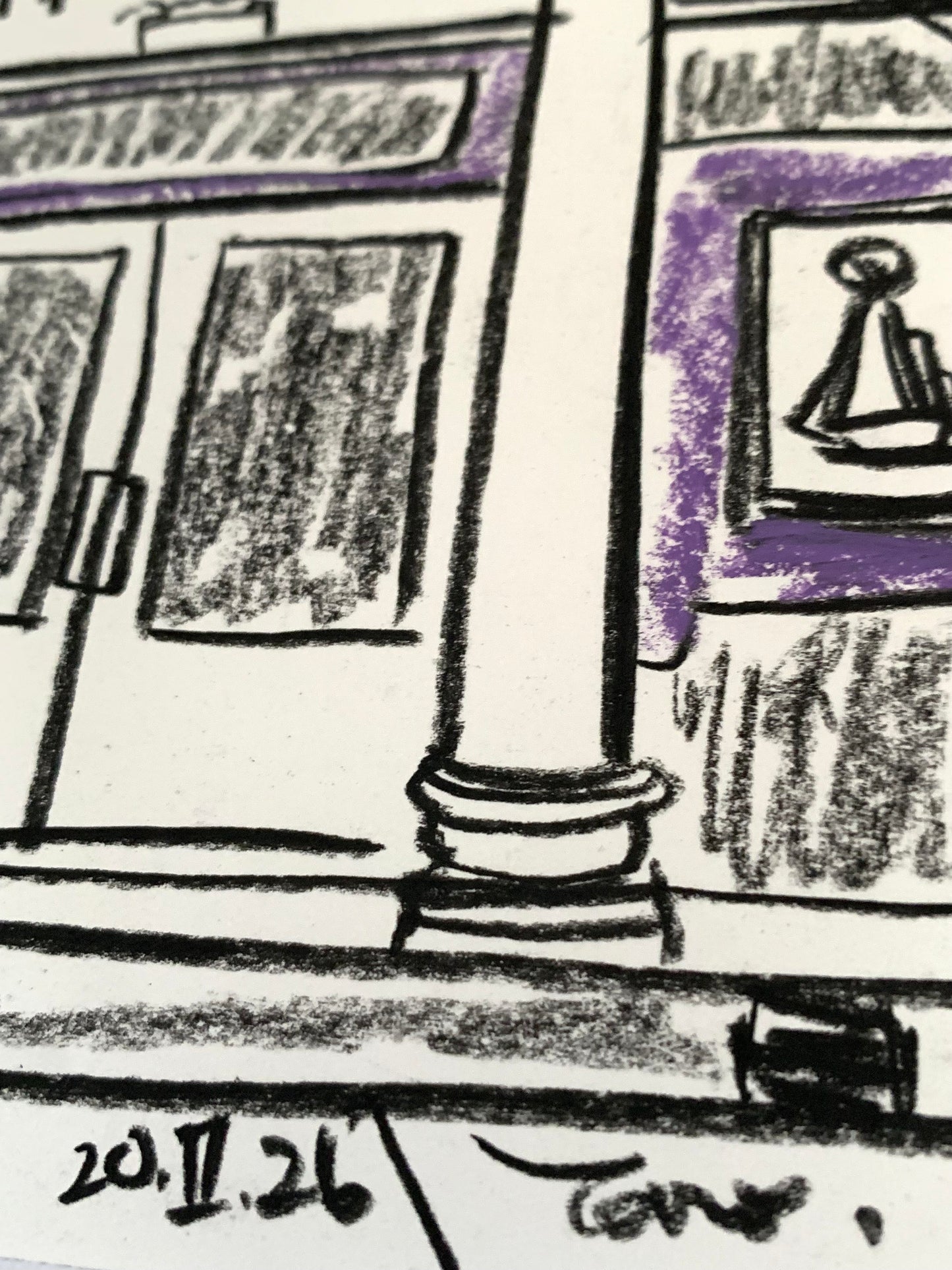 Drawing Artwork "Soho Purple Street" Pencil and Oil Pastel