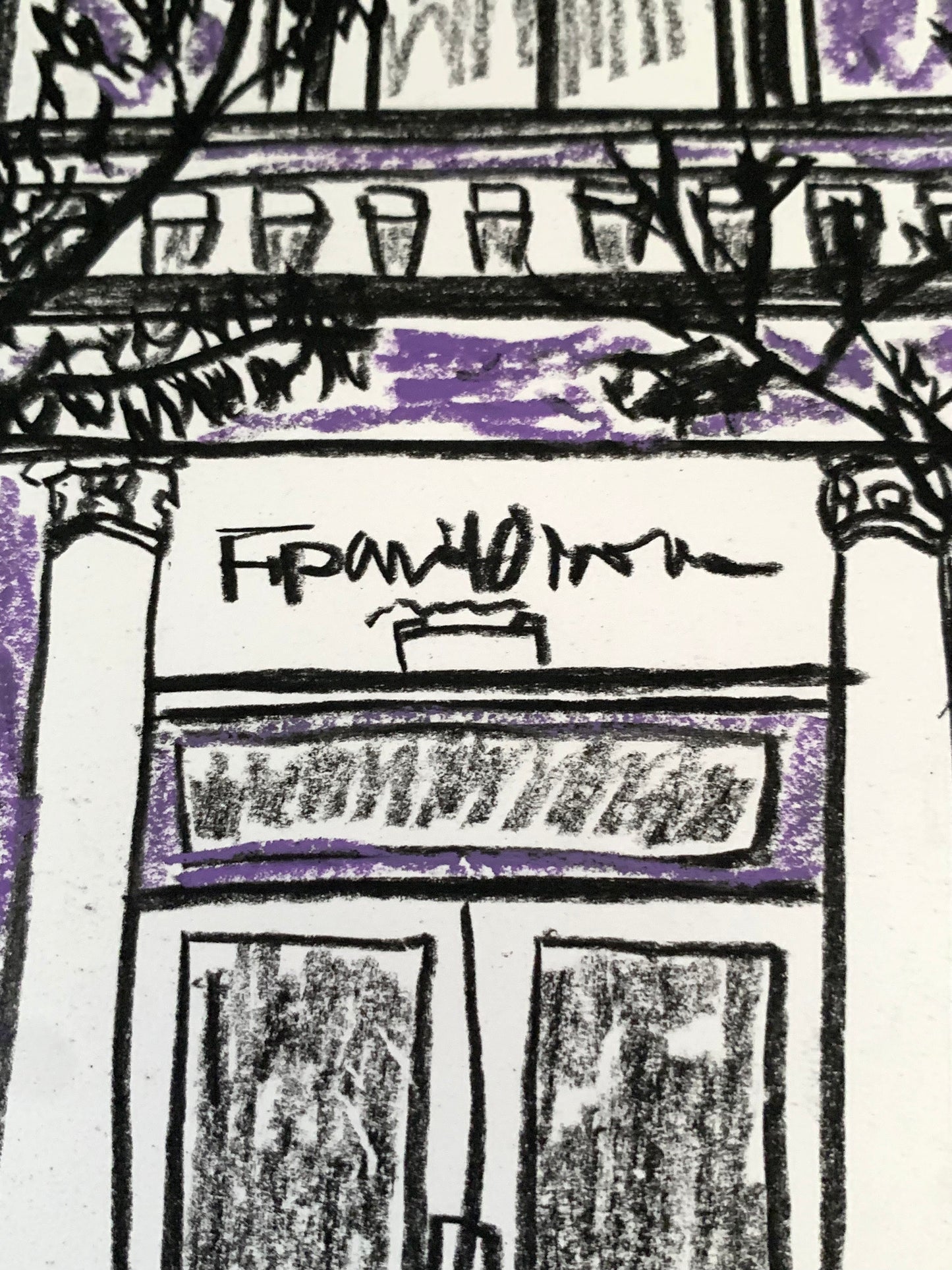 Drawing Artwork "Soho Purple Street" Pencil and Oil Pastel