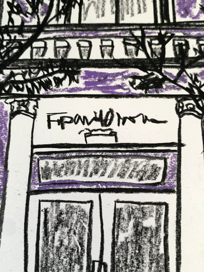 Drawing Artwork "Soho Purple Street" Pencil and Oil Pastel