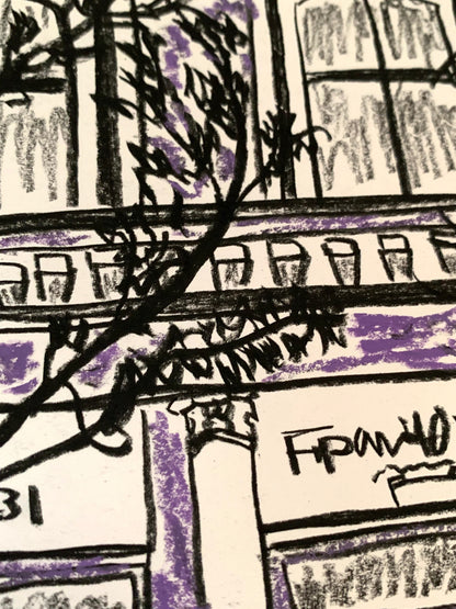 Drawing Artwork "Soho Purple Street" Pencil and Oil Pastel
