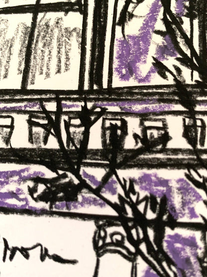 Drawing Artwork "Soho Purple Street" Pencil and Oil Pastel
