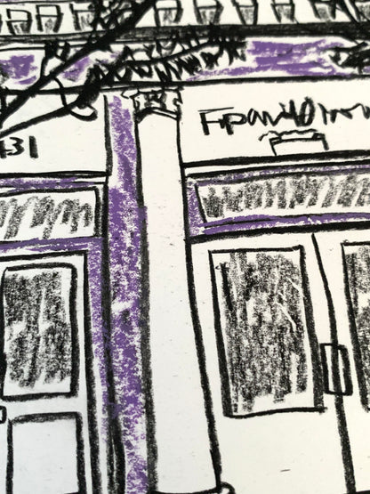 Drawing Artwork "Soho Purple Street" Pencil and Oil Pastel