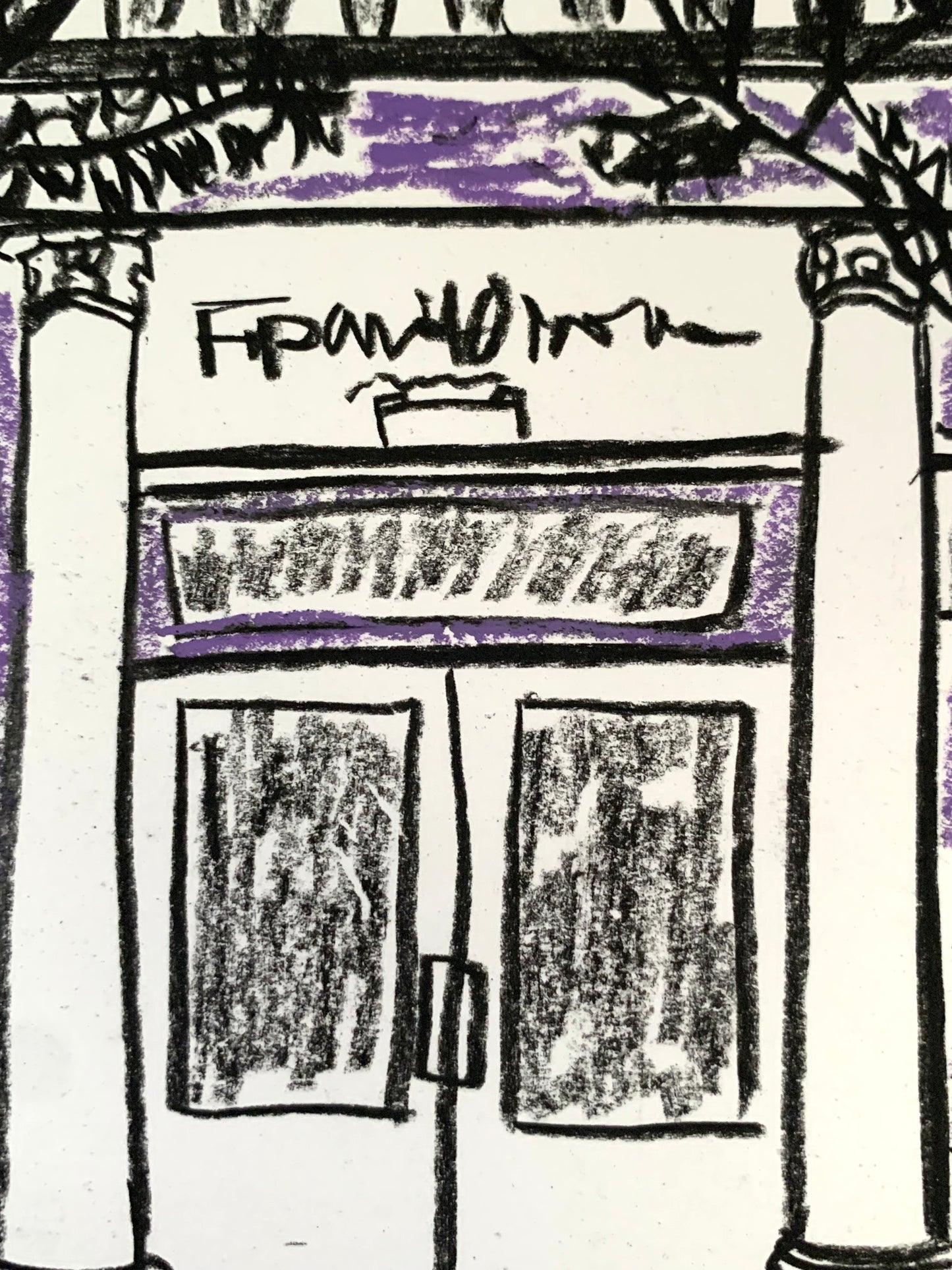 Drawing Artwork "Soho Purple Street" Pencil and Oil Pastel