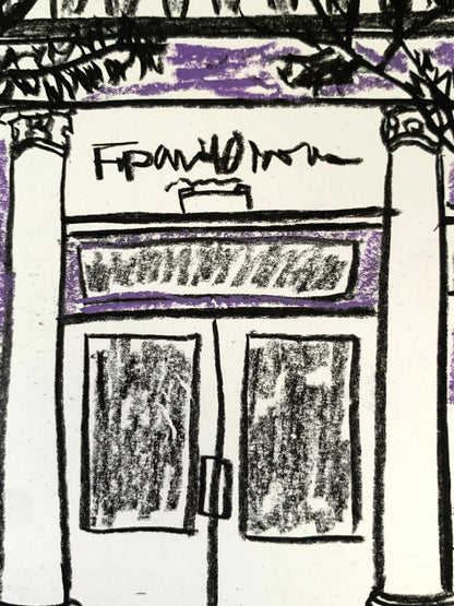 Drawing Artwork "Soho Purple Street" Pencil and Oil Pastel