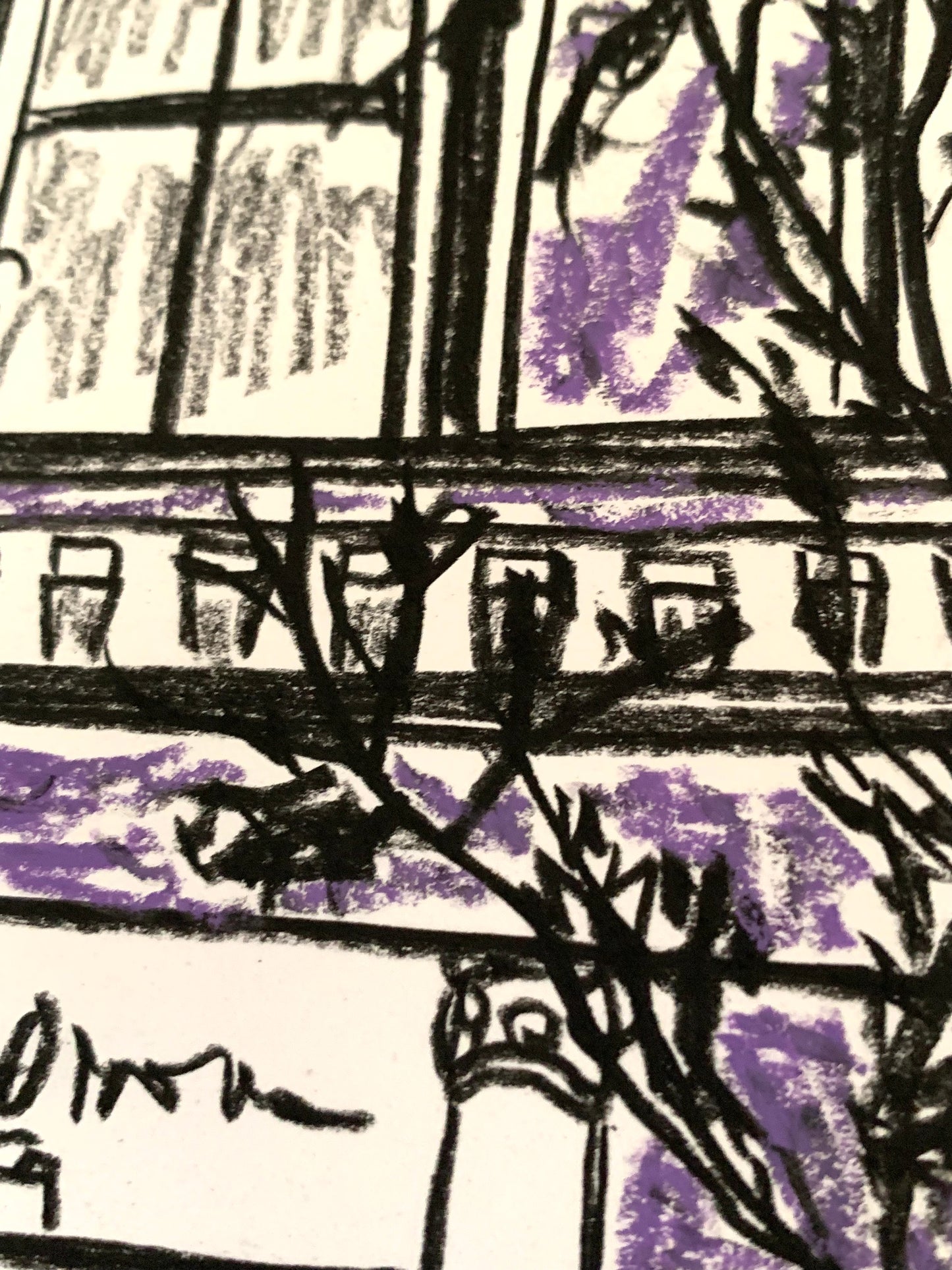 Drawing Artwork "Soho Purple Street" Pencil and Oil Pastel