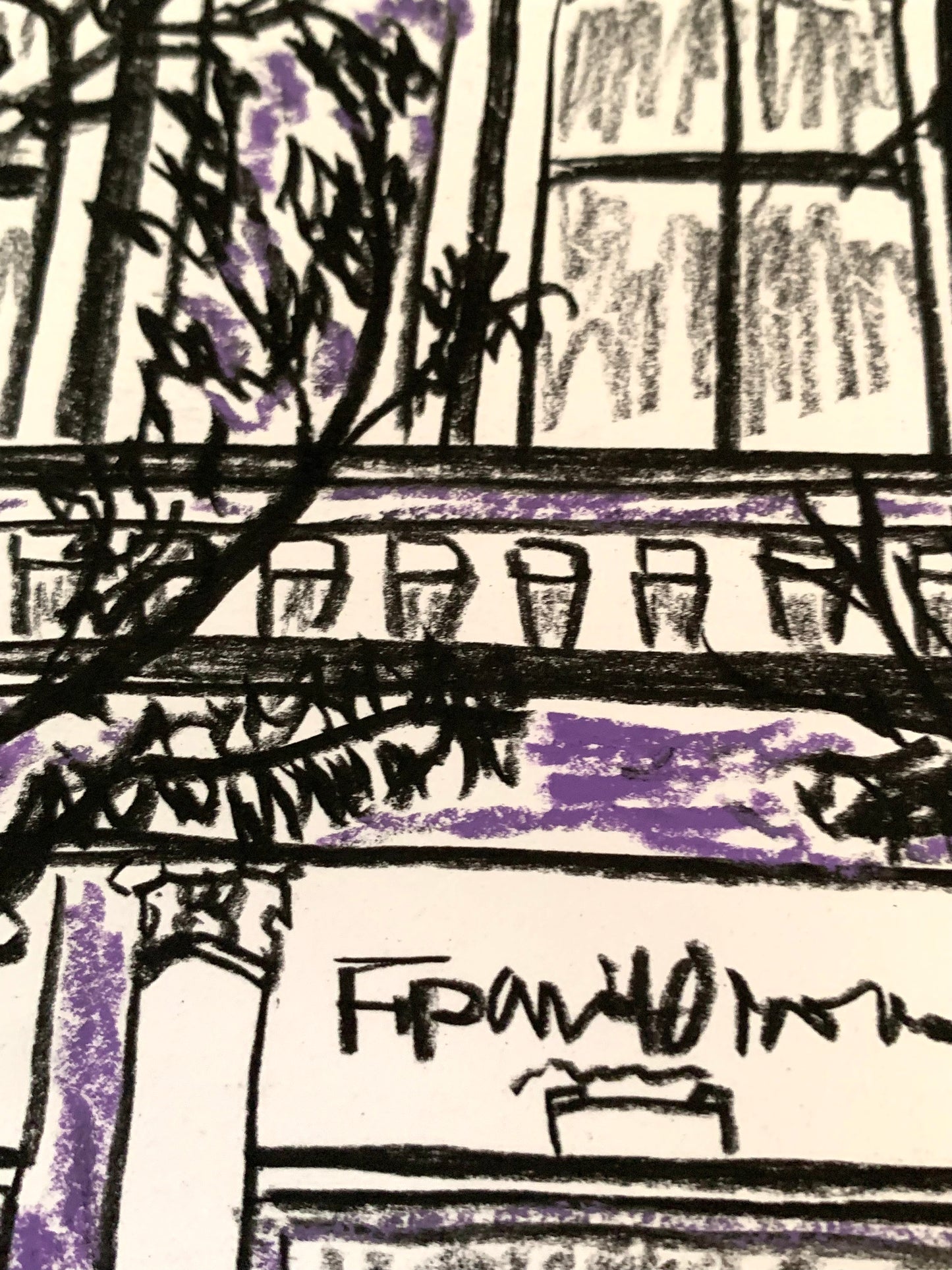 Drawing Artwork "Soho Purple Street" Pencil and Oil Pastel
