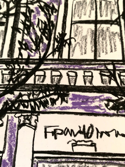 Drawing Artwork "Soho Purple Street" Pencil and Oil Pastel