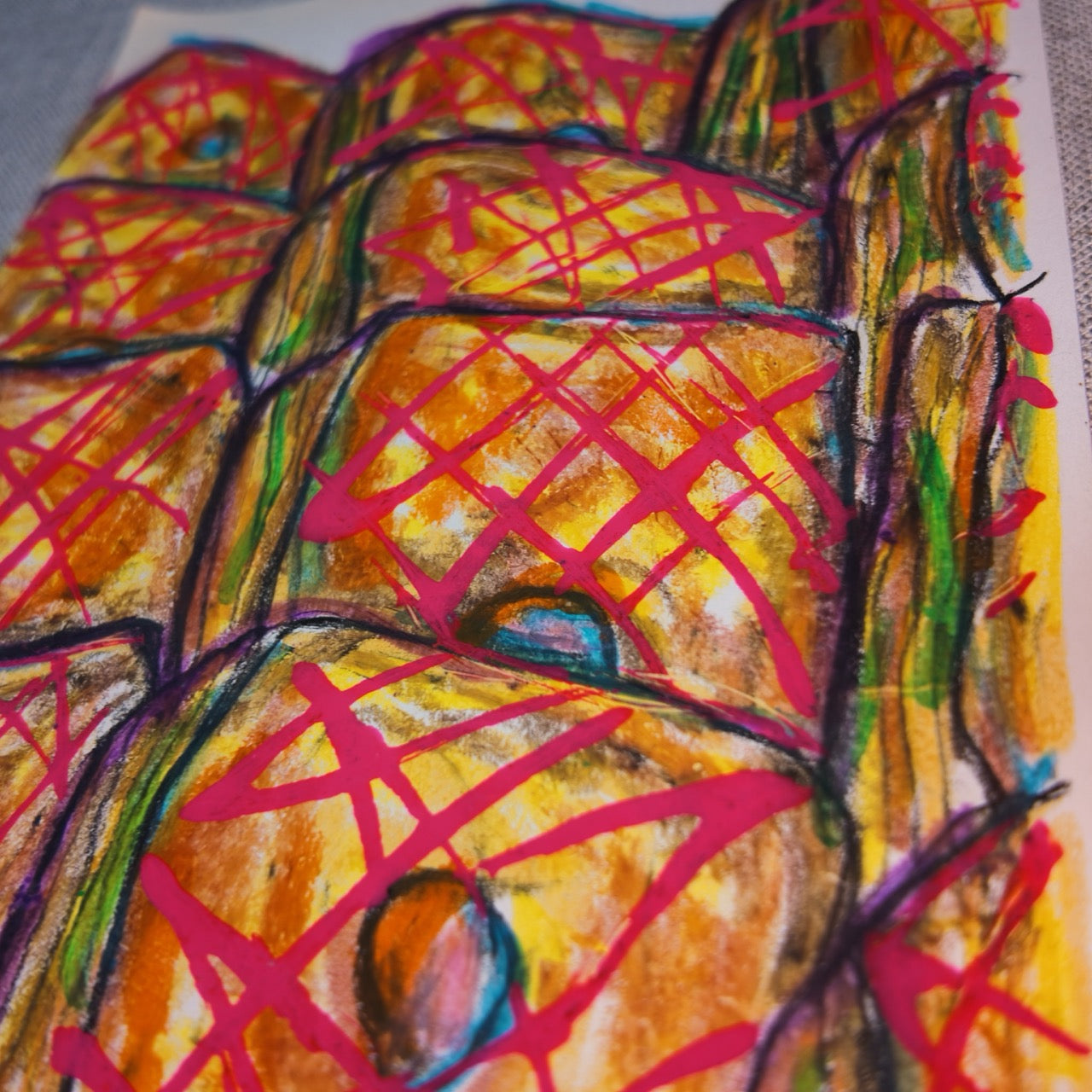 Drawing Oil Pastel, Acrylic on Paper "Crondy Pink"