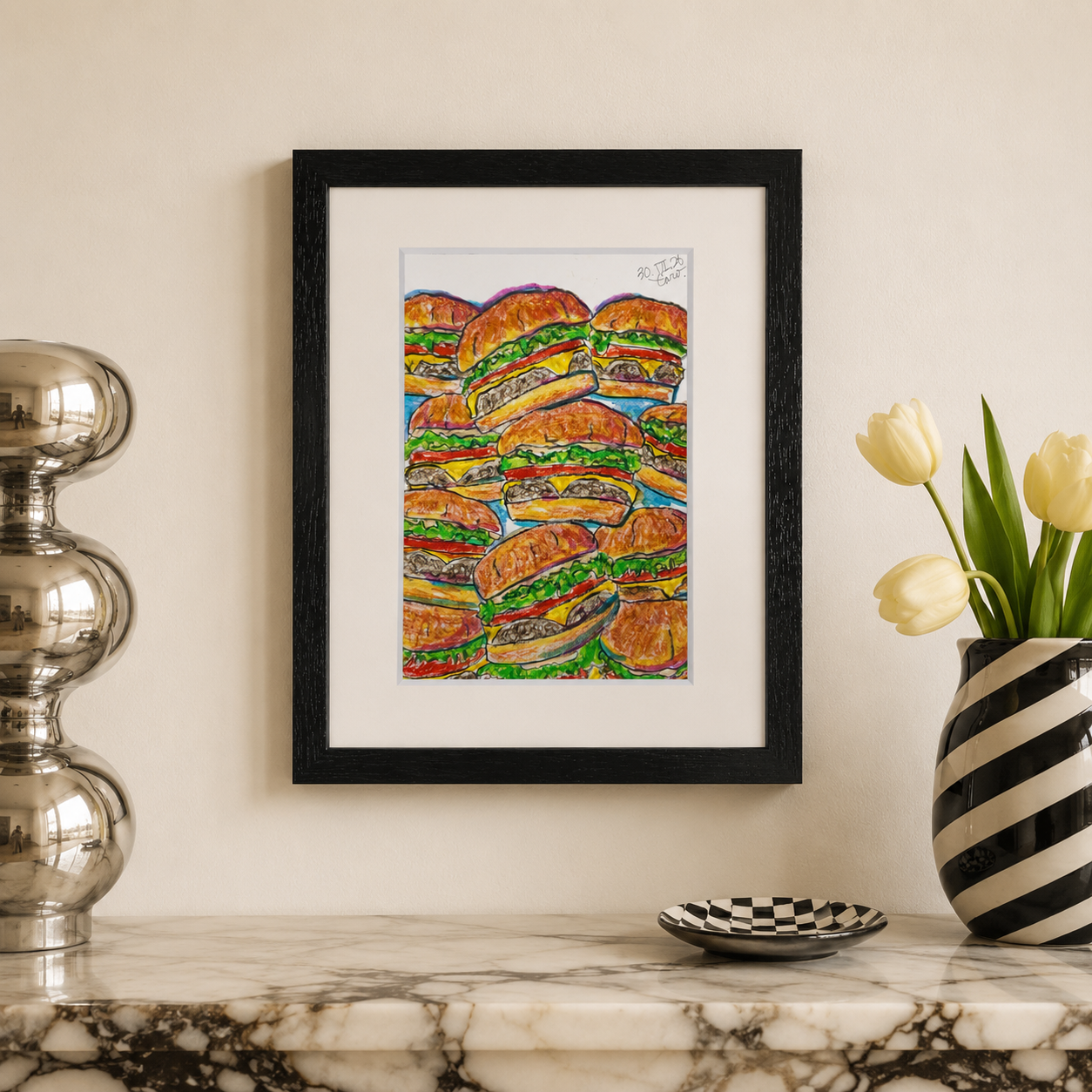 Drawing Oil Pastel on Paper "Infinity Burger (BM)"  Framed