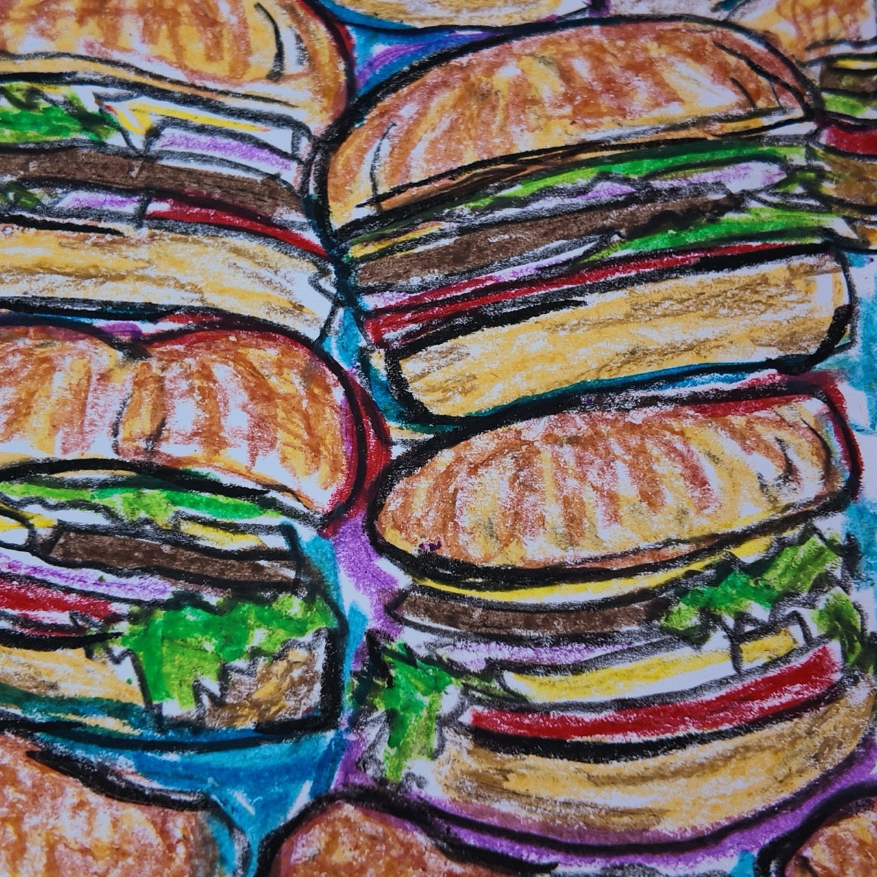 Drawing Oil Pastel on Paper "Infinity Burger"  Framed