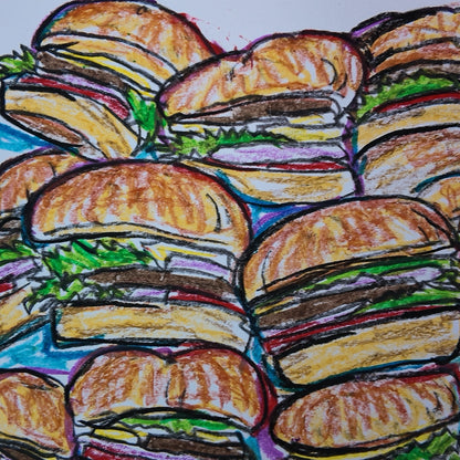 Drawing Oil Pastel on Paper "Infinity Burger"  Framed