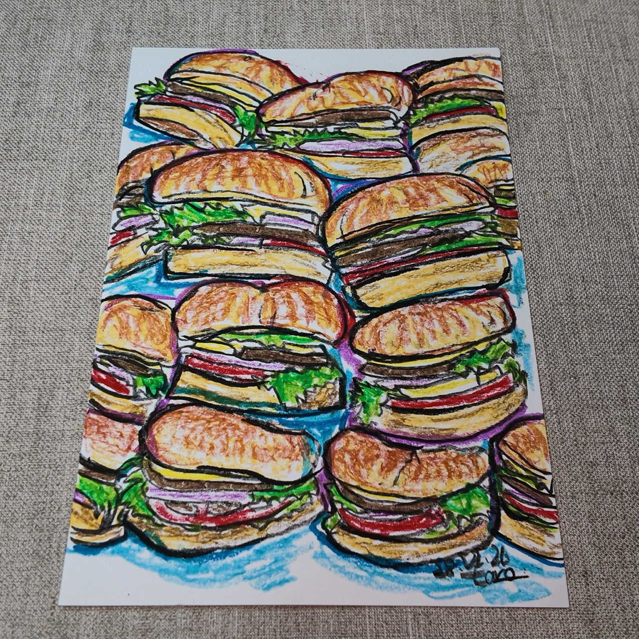 Drawing Oil Pastel on Paper "Infinity Burger"  Framed