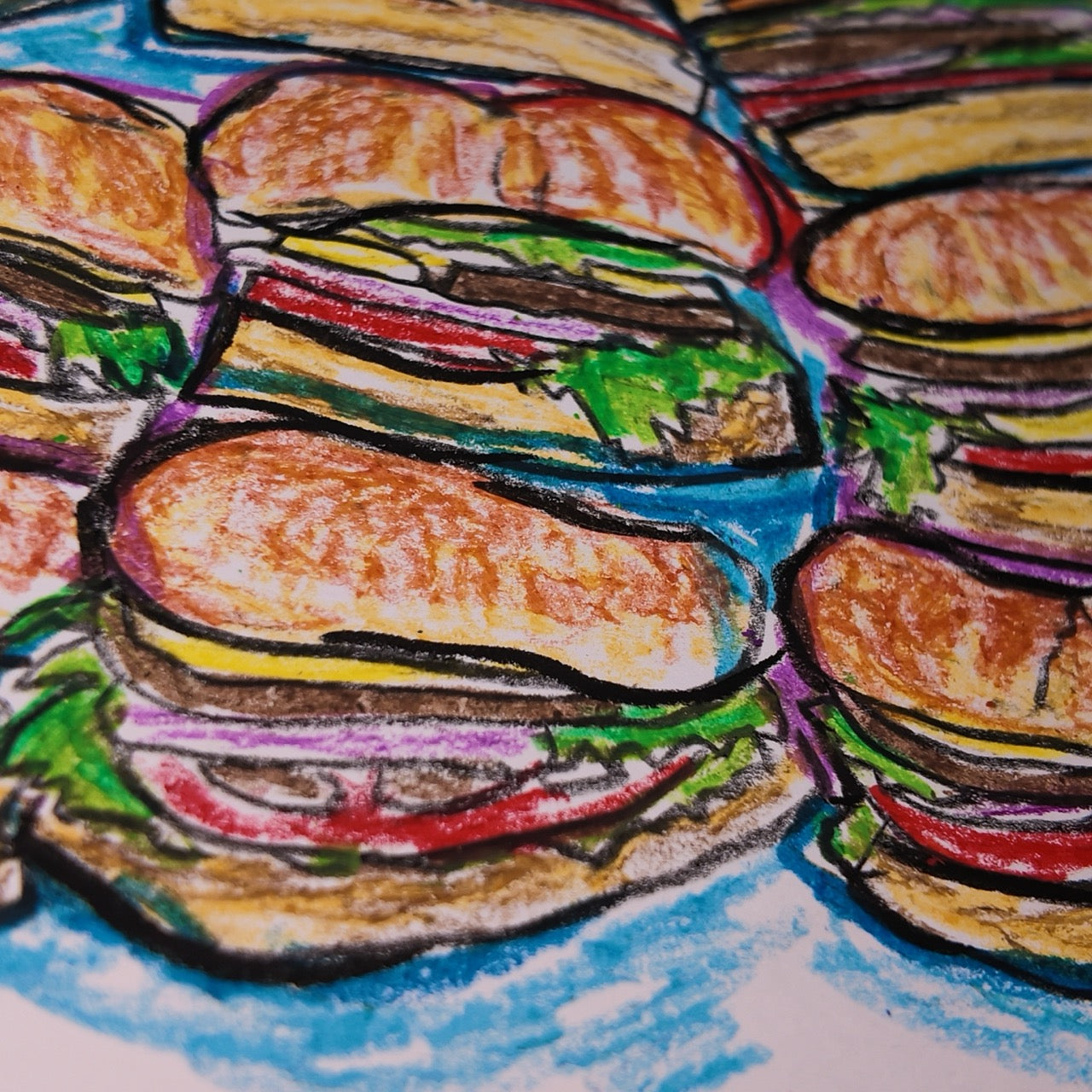 Drawing Oil Pastel on Paper "Infinity Burger"  Framed