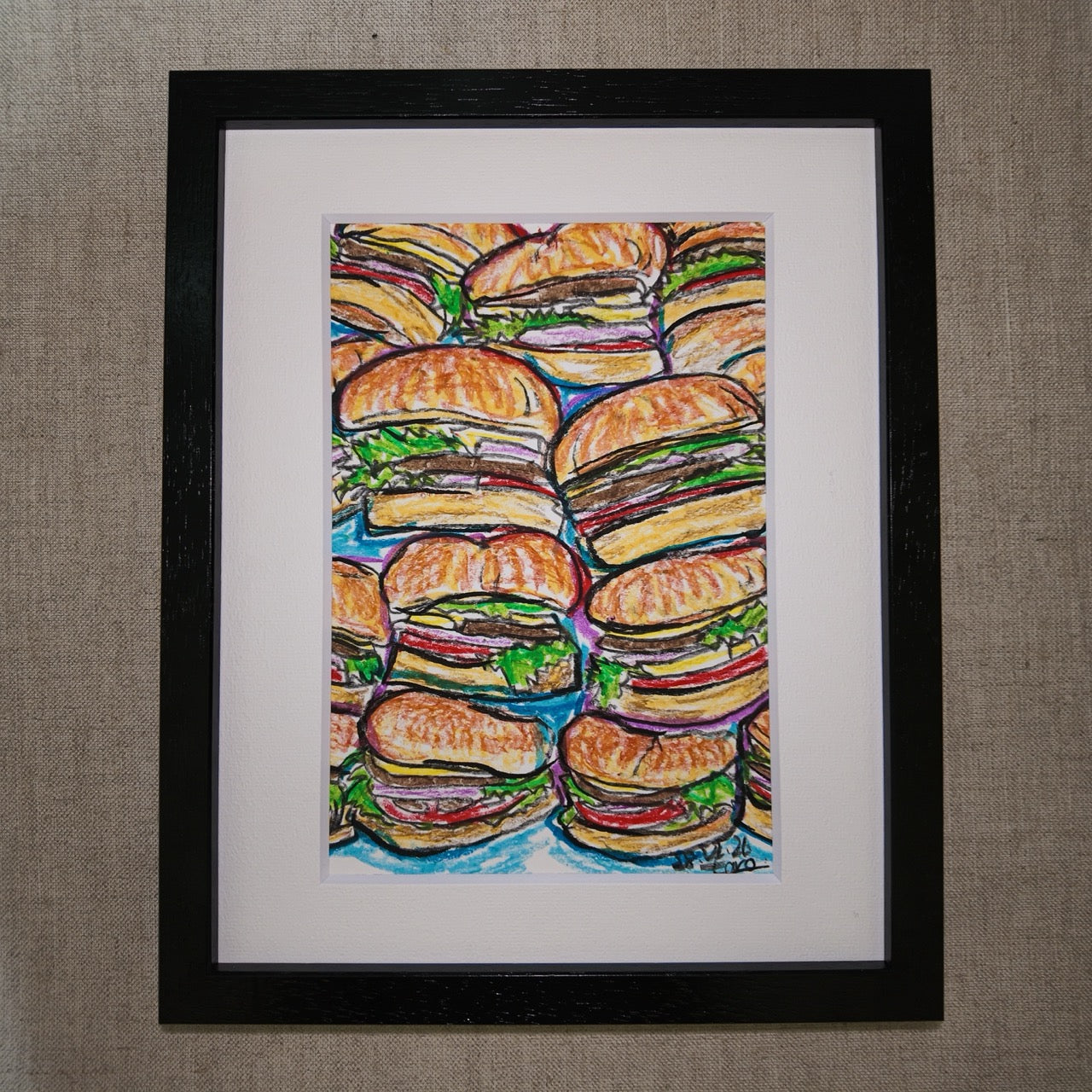 Drawing Oil Pastel on Paper "Infinity Burger"  Framed