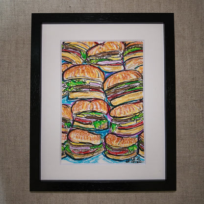 Drawing Oil Pastel on Paper "Infinity Burger"  Framed