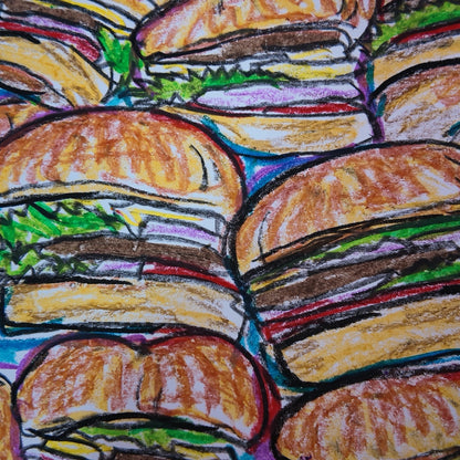 Drawing Oil Pastel on Paper "Infinity Burger"  Framed