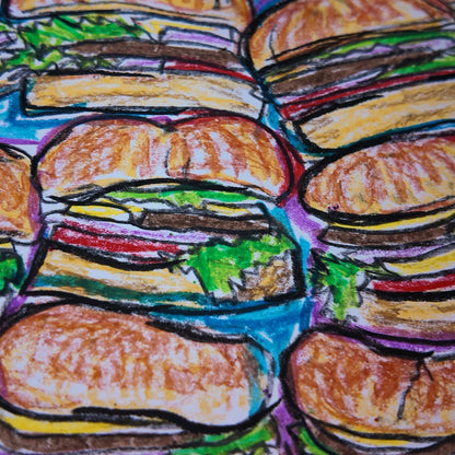 Drawing Oil Pastel on Paper "Infinity Burger"  Framed