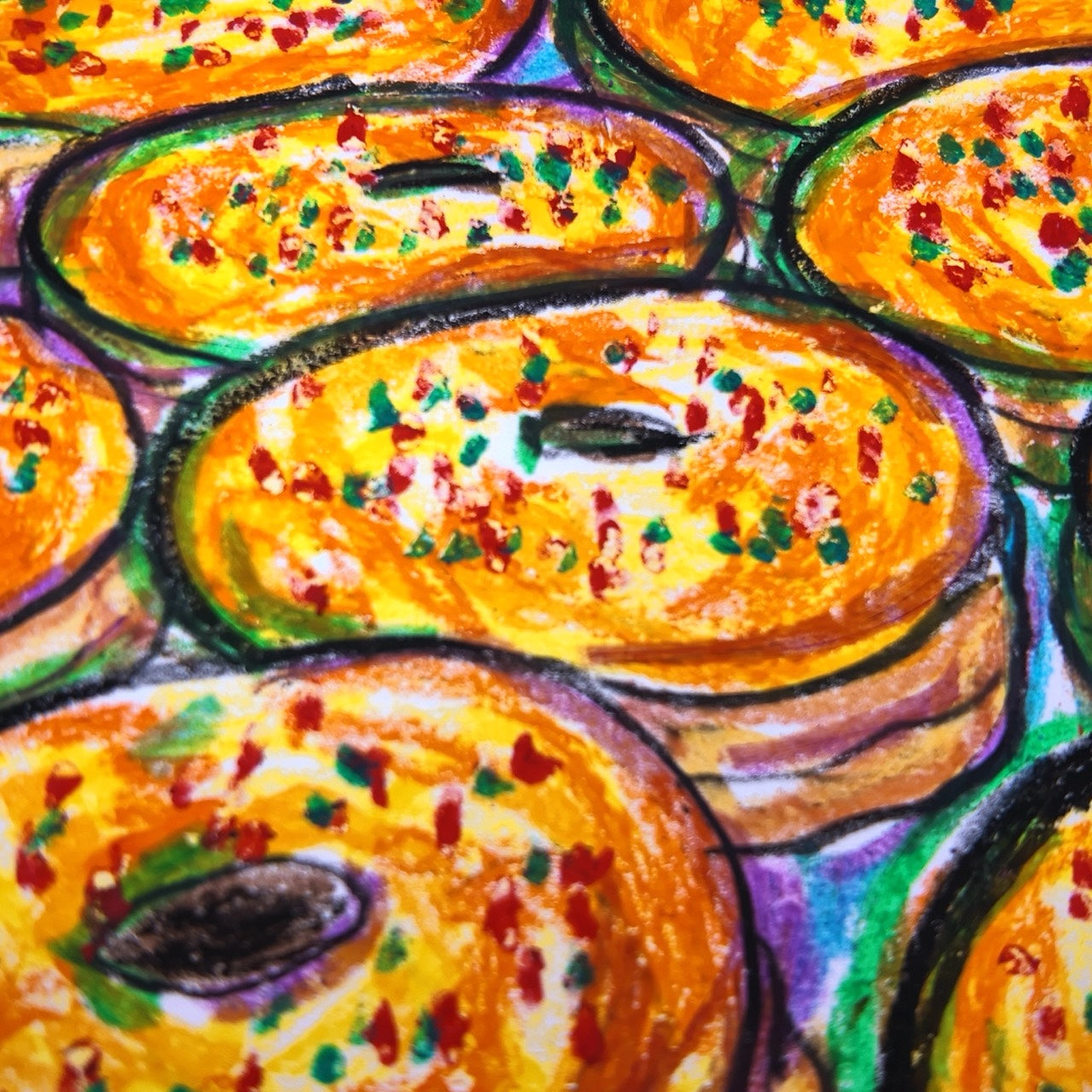 Drawing Oil Pastel on Paper "Infinity Donut (YR)"  Framed