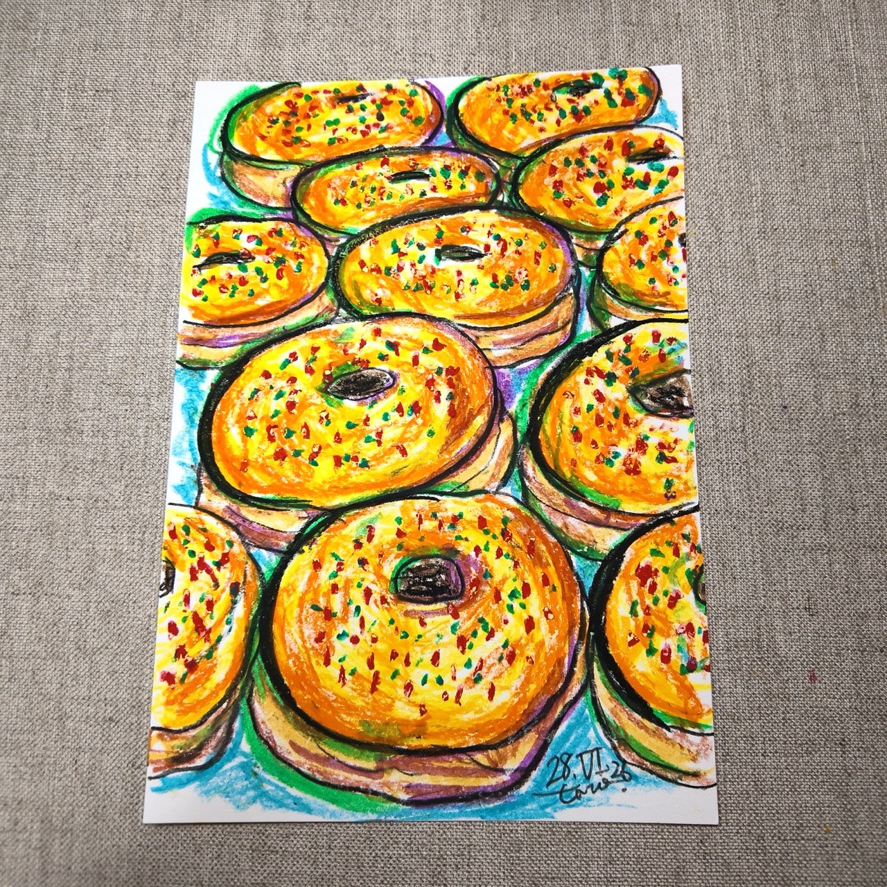 Drawing Oil Pastel on Paper "Infinity Donut (YR)"  Framed