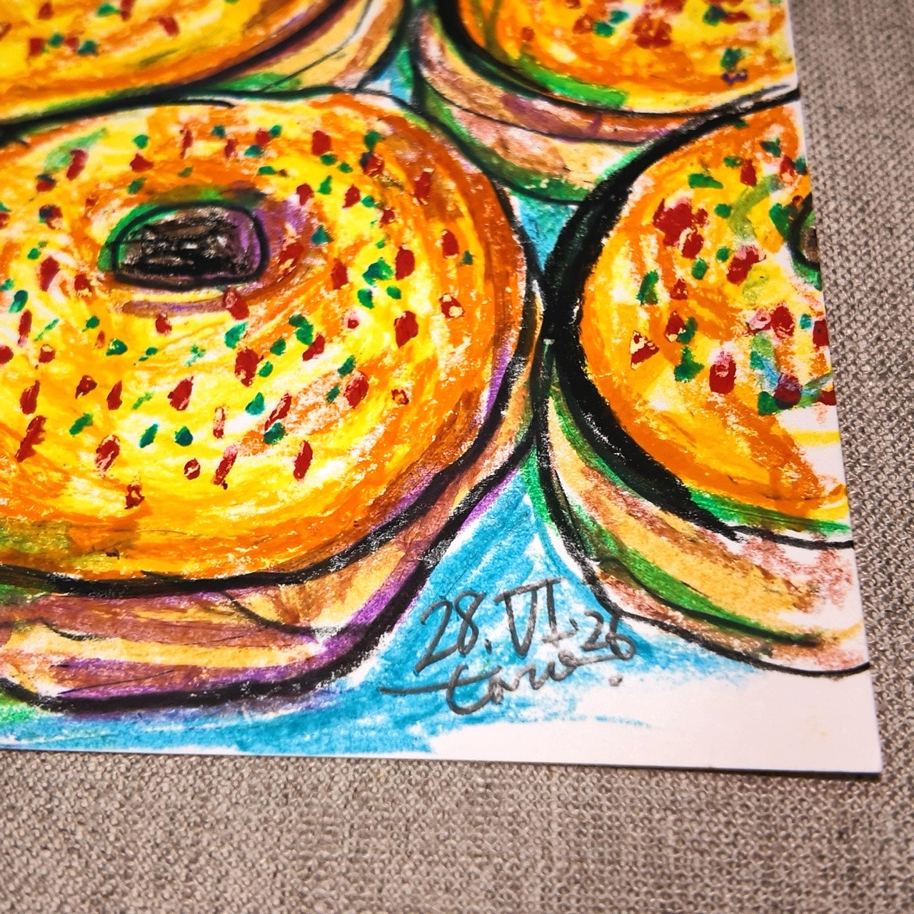 Drawing Oil Pastel on Paper "Infinity Donut (YR)"  Framed