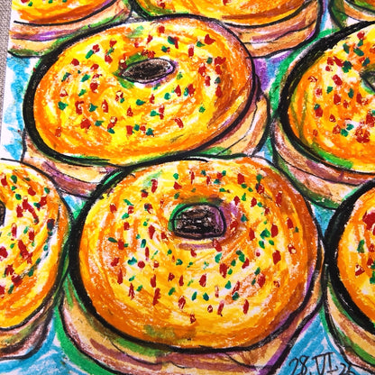 Drawing Oil Pastel on Paper "Infinity Donut (YR)"  Framed