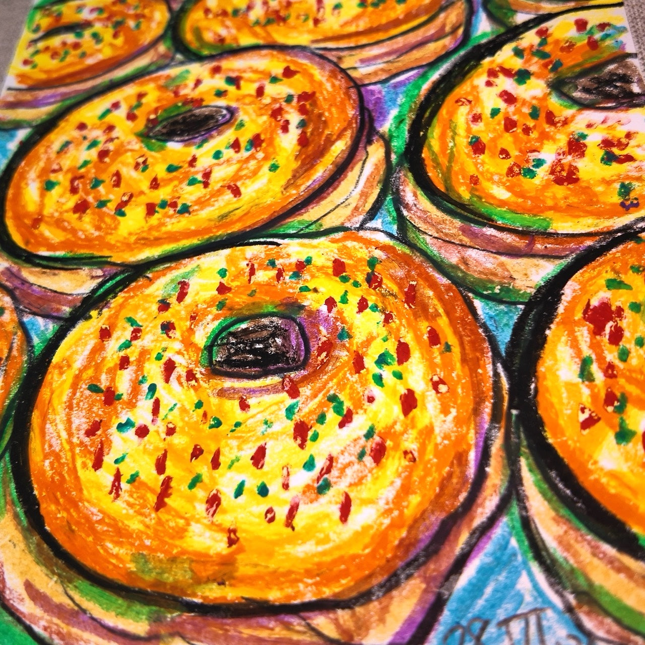 Drawing Oil Pastel on Paper "Infinity Donut (YR)"  Framed