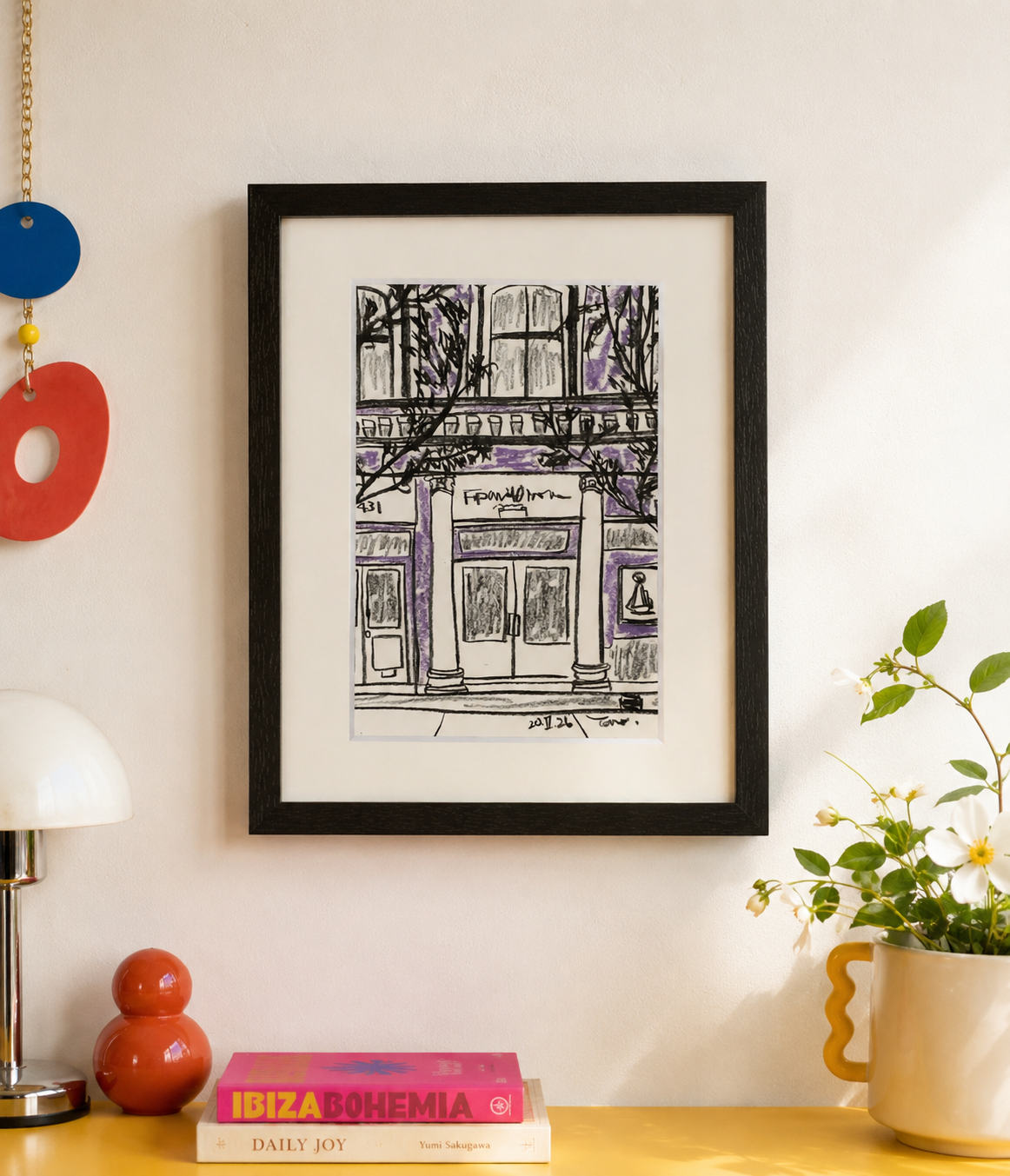 Drawing Artwork "Soho Purple Street" Pencil and Oil Pastel